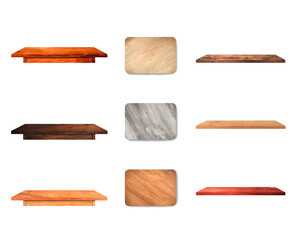 Group of table board and shelf isolated on white background with clipping path for work or design