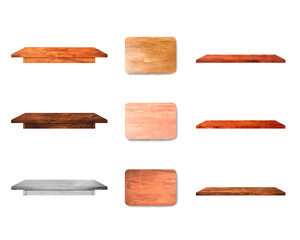 wooden various of table board and shelf isolated on white background with clipping path