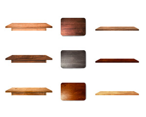 wooden various of table board and shelf isolated on white background with clipping path