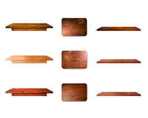 wooden various of table board and shelf isolated on white background with clipping path