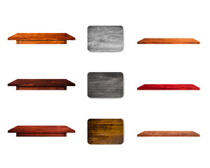 Beautiful collection wooden various of table board and shelf isolated on white background with clipping path