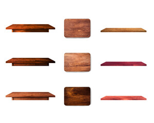 Beautiful collection wooden various of table board and shelf isolated on white background with clipping path