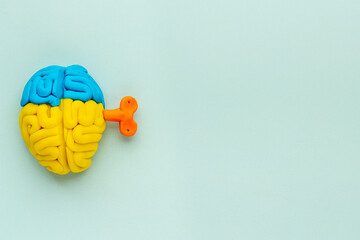Brains on winding. Brain charging concept. Model made of clay with key, top view