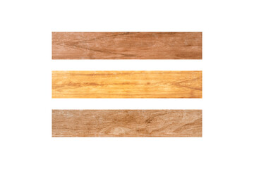 closeup view of three horizontal wooden plank isolated on white background with clipping path for design or work