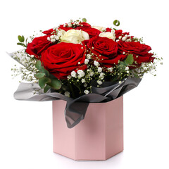Red and white roses in a pink box on a white background. Holiday bouquet.