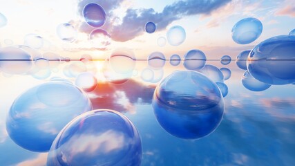 Fantasy sunset background of blue bubbles in air over water 3d render