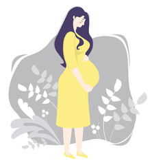 Motherhood. Happy pregnant woman in full growth in a yellow dress, gently hugs her belly. Stands on a gray background, decorated with branches and plants. Vector illustration