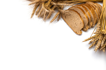 Freshly baked bread. Fresh loaf of rustic traditional bread with wheat grain ear or spike plant...