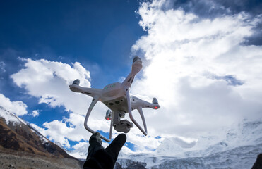 Flying drone taking picture of glacier lagoon in Tibet,China