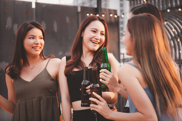 Group of people in party and celebrating together with white wine and beer. 