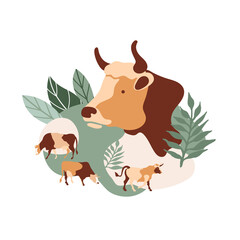 Grazing cows. Cow silhouette made of multi-colored segments. Vector illustration.