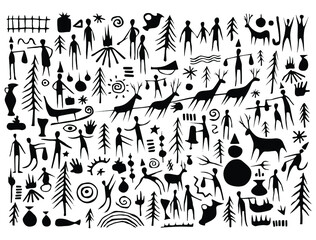 Ancient painting with Christmas festival concept, holiday silhouette on white background.