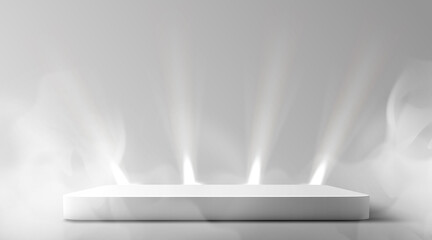 Stage Podium in smoke. Scene for Award Ceremony illuminated with spotlight. Award ceremony concept. Stage backdrop.