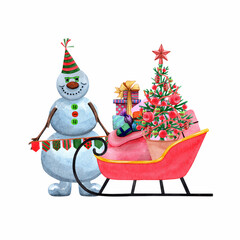 Festive snowman with Santa Claus sleigh, Christmas tree and a bag of gifts. Hand drawn watercolor painting illustration on white background