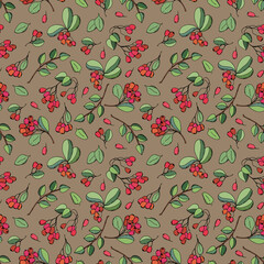 Red berries with green leaves. Seamless pattern on a beige background. Design for fabric, textile, wallpaper, packaging.