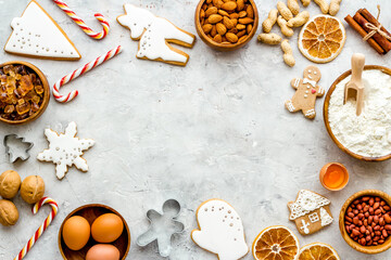 Fototapeta na wymiar Food frame of Christmas gingerbread cookies, top view