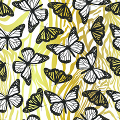 Seamless vector gold butterflies pattern. Butterfly on zebra print. Trendy animal motif wallpaper. Fashionable golden background for fabric, textile, design, banner, cover.