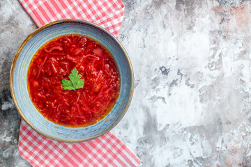top view delicious borsch ukrainian beet soup inside plate on white background photo color cuisine dish meal