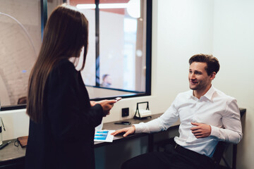 Fototapeta premium Happy colleagues discussing business together