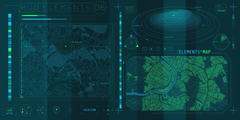 A set of HUD maps elements for a futuristic interface.