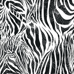 Outline white flowers on zebra print. Seamless vector  wildlife wallpaper. 10 eps trendy tropical flora and fauna background for fabric, design, cover, wrapping etc.