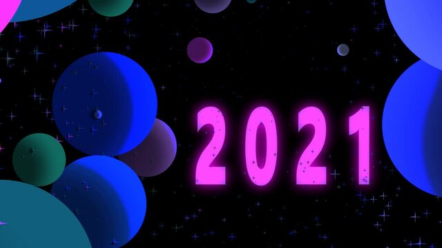 New Year Neon 2021 Magic Sky with Shining Stars motion on Black Background. Happy New Year Celebration, Gift Card, Wallpaper.