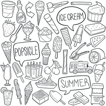 Ice Cream Summer doodle icon set. Popsicle Vector illustration collection. Food Hand drawn Line art style.