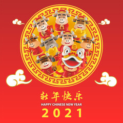 Fototapeta na wymiar Chinese new year cute of cartoon design in the year of ox
