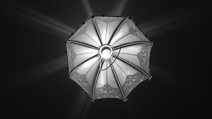 Black and white photo. Chandelier