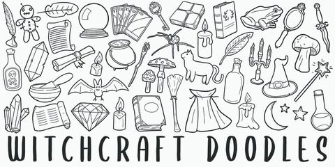 Witchcraft, doodle icon set. Magic Witch Style Vector illustration collection. Magic Tools Banner Hand drawn Line art style.