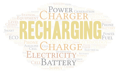 Recharging typography word cloud create with the text only.