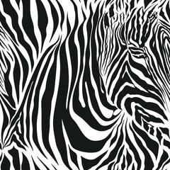 Fototapeta na wymiar Seamless vector black and white zebra fur pattern. Stylish fashionable wild zebra print. Animal print background for fabric, textile, design, advertising banner.