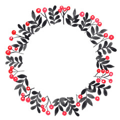 Red berry and black leaves wreath watercolor hand painting for decoration on Christmas holiday events.