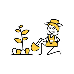 gardener digging plant yellow doodle man theme