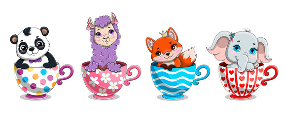 Cute adorable baby animals sitting inside the cup. Panda, lama, fox and elephant. Set of cartoon vector illustrations