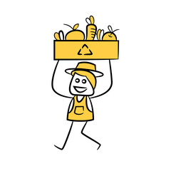 farmer holding box of fruits yellow doodle man theme