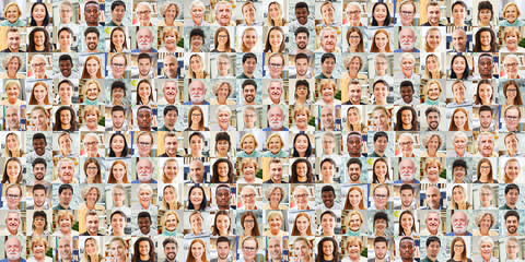 Panorama Portrait Collage von Menschen in Interiors