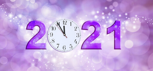 Naklejka na ściany i meble Nearly Happy New Year 2021 - a clock face showing 11.55 making the 0 of 2021 on a sparkling purple bokeh background 