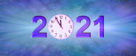 Obraz na płótnie Canvas Nearly Happy New Year 2021 banner - a clock face showing 11.55 making the 0 of 2021 on a wide blue purple banner background 
