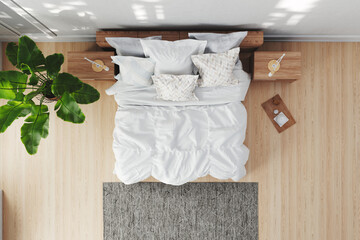 Fototapeta Modernes helles Schlafzimmer mit Doppelbett von oben obraz