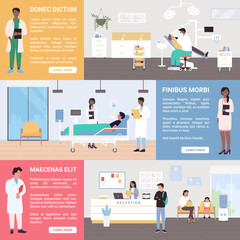Medicine healthcare service in hospital or medical center vector illustration set. Cartoon medical workers, man woman doctors and nurses working with patients in hospital departments background