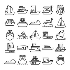 ship, boat, vessel, sailing boat icons set line theme