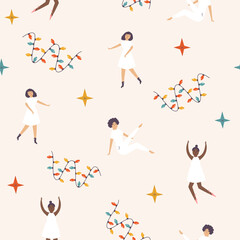 Festive seamless pattern with holiday garlands and dancing beautiful women