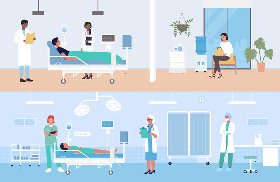 Hospital modern medical ward with patients vector illustration set. Cartoon man woman character lying with dropper intensive therapy, doctor nurse visiting patients for medicine treatment background