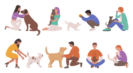 Pet owners people vector illustration set. Cartoon young man woman characters hug, hold in hands and love best friend dog or cat, play with own animals in fun game, happy friendship isolated on white