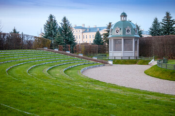 Gazebo in the autumn park at sunset. Latvia.