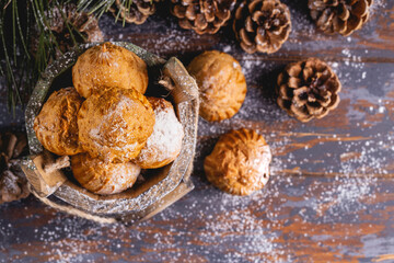 Sweet dessert profiteroles. Christmas composition. Christmas or New Year background.