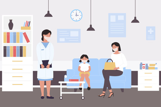 People wait pediatric medical checkup vector illustration. Cartoon mother with girl kid in face masks sitting on sofa in pediatrician doctor hospital room, waiting doc examining patient background