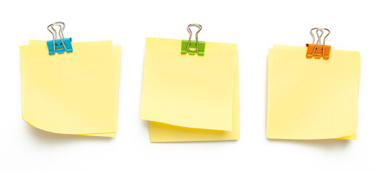 Paper yellow message stickers for information board isolated on white background. Schedule or...