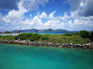 Beach and nature landscape in Seycheles, exotic islands, blue water, white sand beaches, boats, boat details